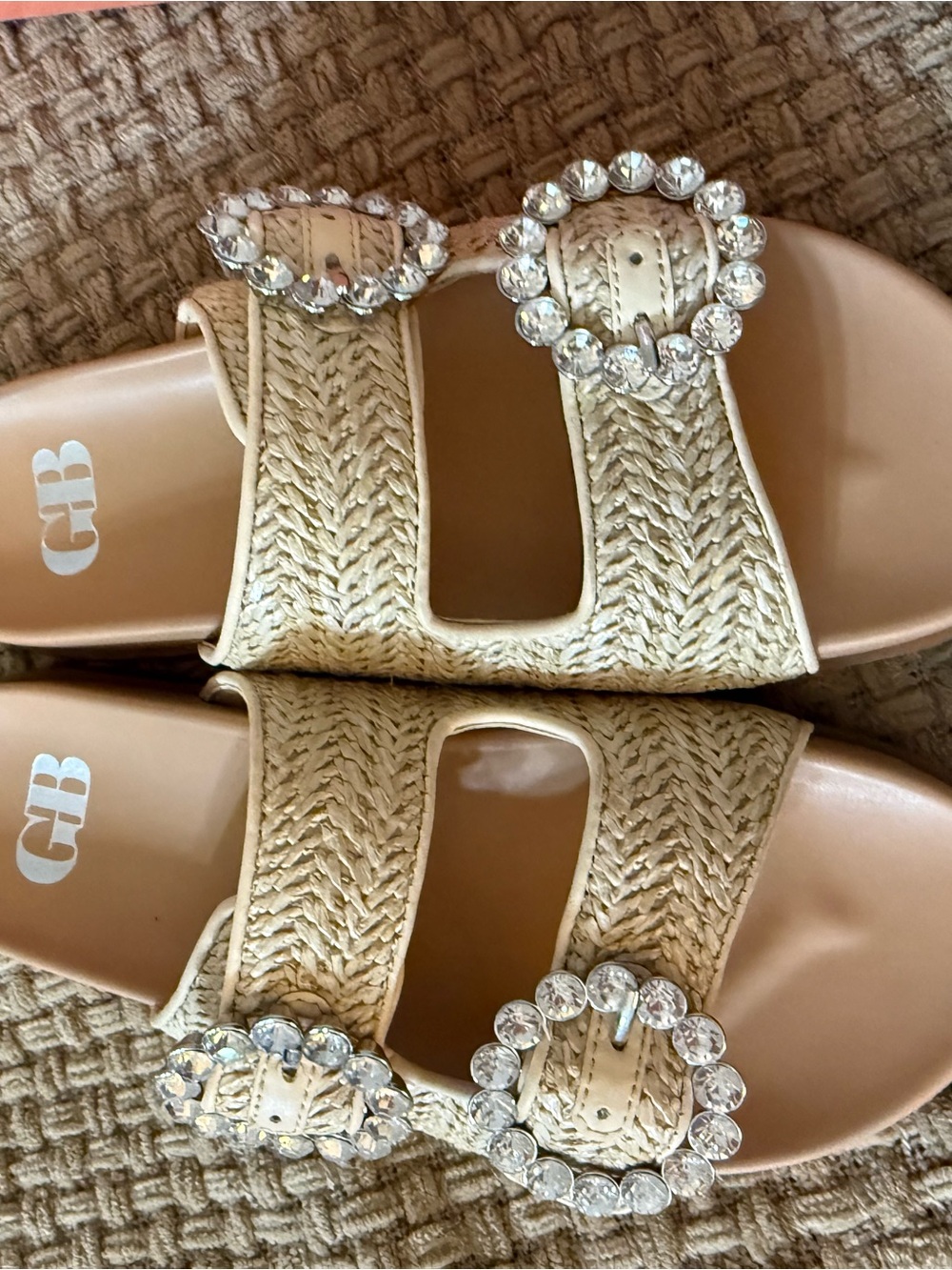 Gianni Bini Beige Braided Slide Sandals with Crystal Buckle Accents